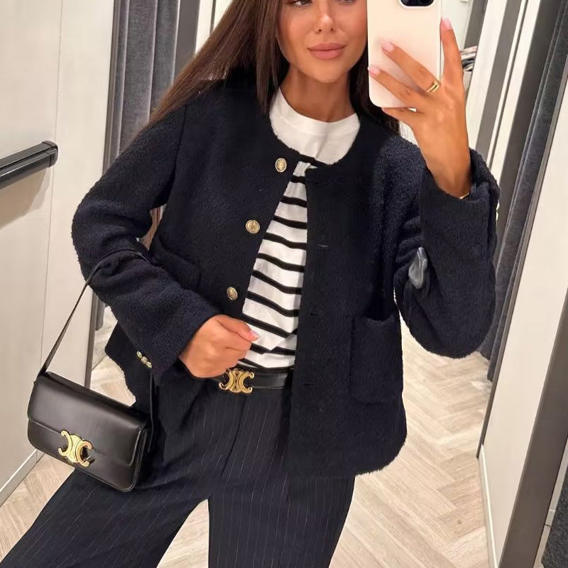 Damen elegante Kurzjacke mit dekorativen Knopfdetails und praktischen Taschen Drune