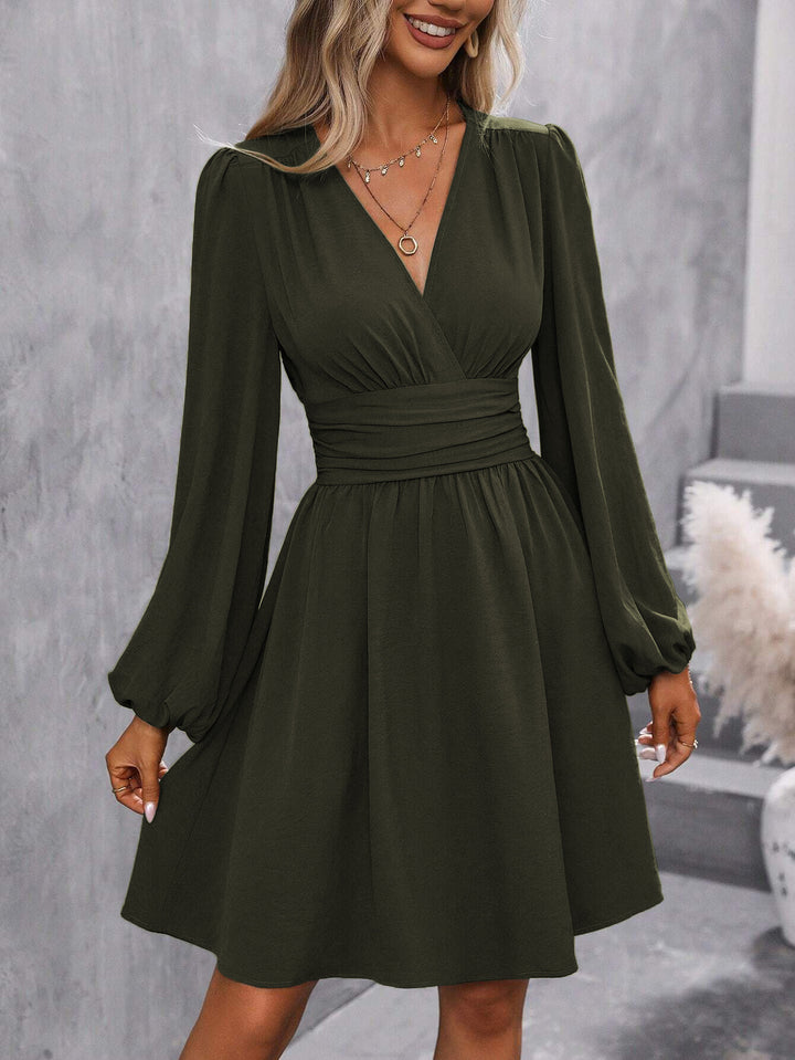 Damen modernes Wickelkleid mit lässigen Puffärmeln und Taillengürtel Drune