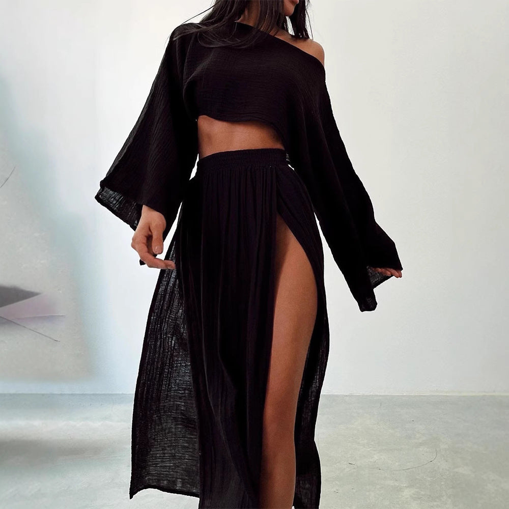 Damen luftiges Set aus cropped Oberteil und hoch geschnittenem Rock Drune