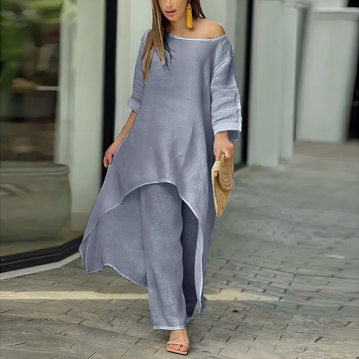 Damen nan weit geschnittenes Leinenzweiteiler Set mit asymmetrischer Tunika und lockeren Marlene-Hose Drune