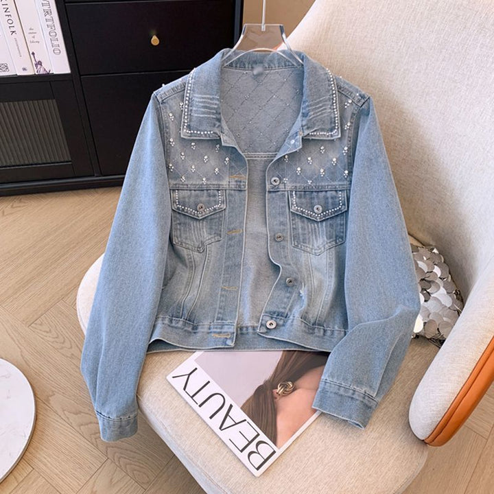Damen modische Jeansjacke mit glamourösen Perlendetails Drune
