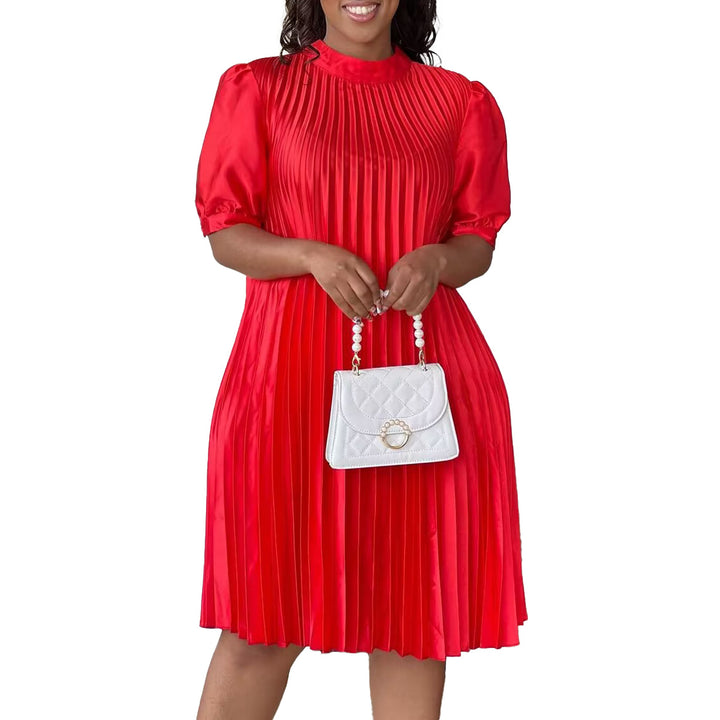 Damen Plissee Kleid mit Bindeband und halbarmigen Ärmeln Drune