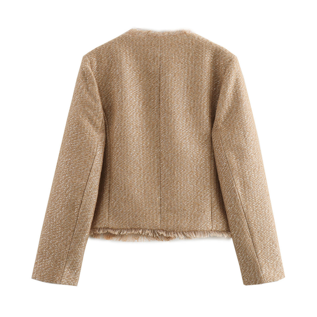 Damen nan kastiger Bouclé-Blazerjacke mit dekorativen Flechtknöpfen, aufgesetzten Taschen und fransiger Saumkante Drune