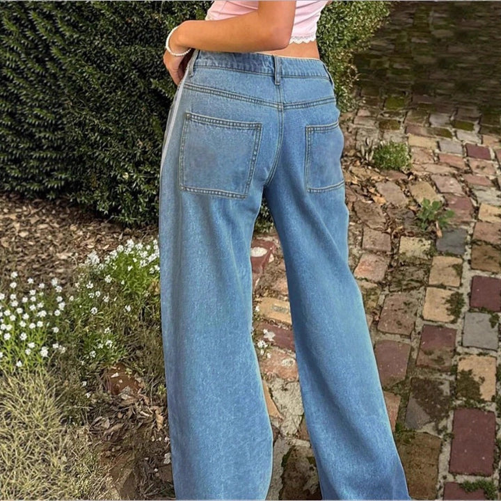 Damen weite High-Waist Denim-Jeans mit seitlichem Kontraststreifen Drune