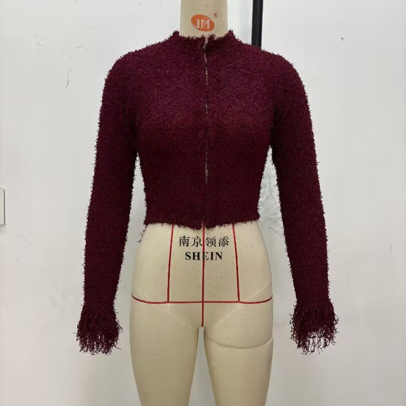 Damen Kuschelige Strickjacke mit fransigen Ärmeln und modischem Kragen Drune