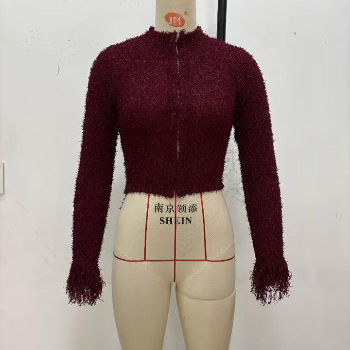 Damen Kuschelige Strickjacke mit fransigen Ärmeln und modischem Kragen Drune