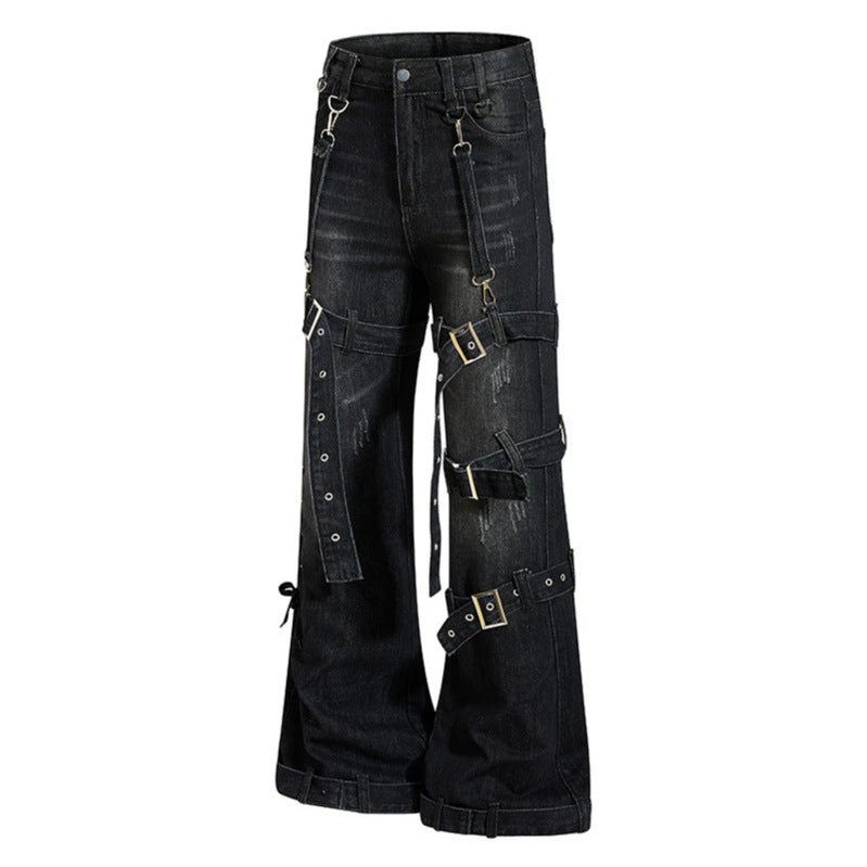 Damen Bondage-Flared-Jeans mit dekorativen Schnallen, Riemen und Used-Look Drune