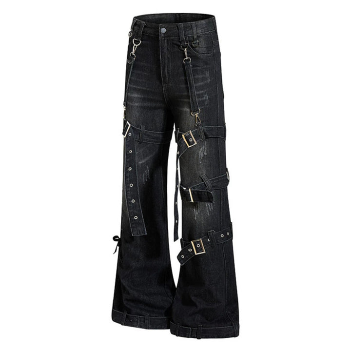 Damen Bondage-Flared-Jeans mit dekorativen Schnallen, Riemen und Used-Look Drune