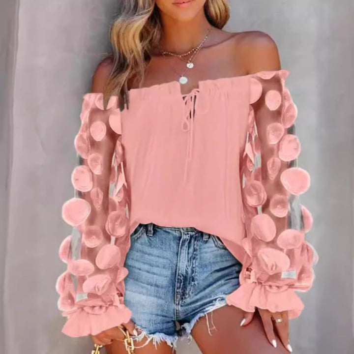 Damen nan schulterfreies Carmen-Top mit transparenten Organza-Ärmeln, kreisförmigen Applikationen und Volantmanschetten Drune