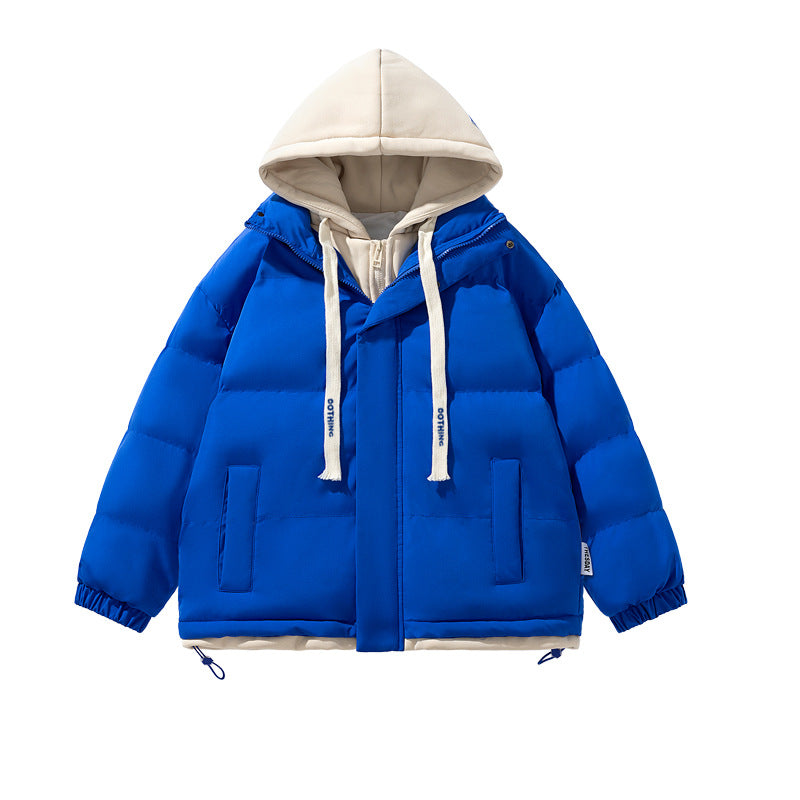 Unisex kurz geschnittene gesteppte Pufferjacke mit zweilagiger Kontrastkapuze Drune