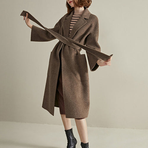 Damen Modischer Wollmantel mit Taillengürtel Drune