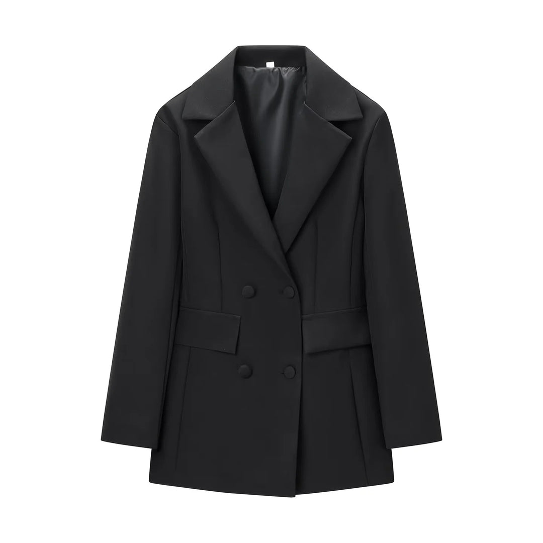 Damen nan taillierter Double-Breasted Blazer mit weitem Revers und Pattentaschen Drune