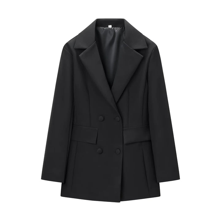 Damen nan taillierter Double-Breasted Blazer mit weitem Revers und Pattentaschen Drune