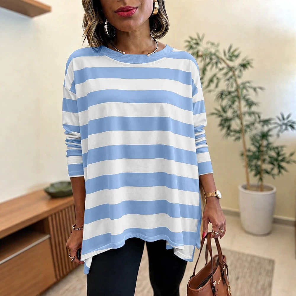 Damen Oversized Streifen-Longsleeve mit Rundhalsausschnitt und abgerundetem Saum Drune