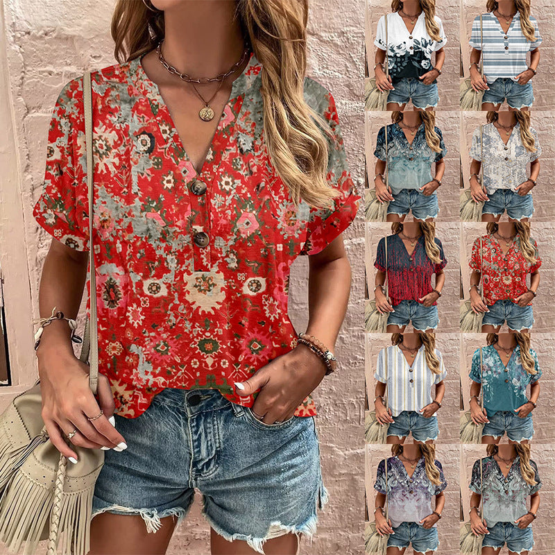 Damen Lässiges Kurzärmliges Blusenshirt mit Verspieltem Paisleymuster und Modernen Knopfdetails Drune