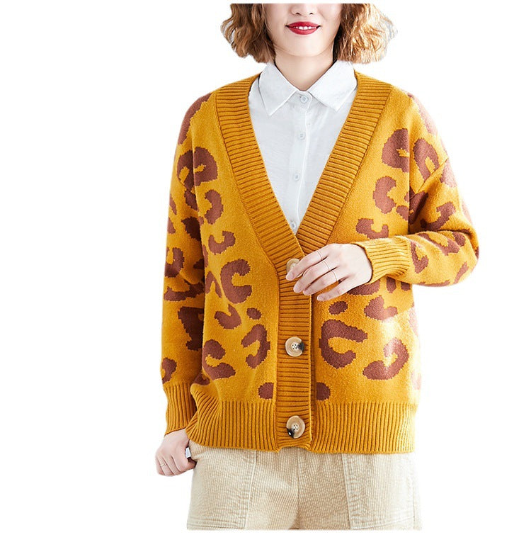 Damen Grobstrick Cardigan mit modernem Leopardenmuster und praktischen Knopfdetails Drune