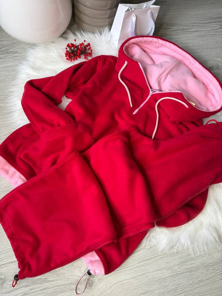 Damen Fleece-Loungewear-Set mit halbem Frontzip, gefütterter Kapuze und hochgeschnittener Komforthose Drune