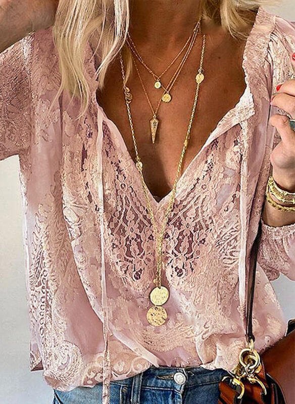 Damen elegante Bluse mit feiner Spitze und tiefem V-Ausschnitt Drune