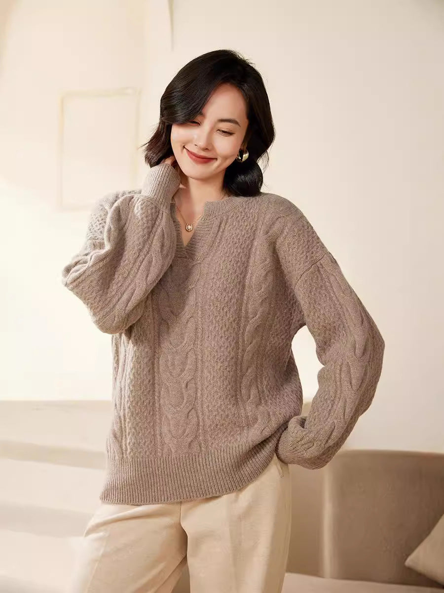 Damen Oversize Zopfstrick-Pullover mit V‑Einsatz und kaschmirähnlicher Weichheit Drune