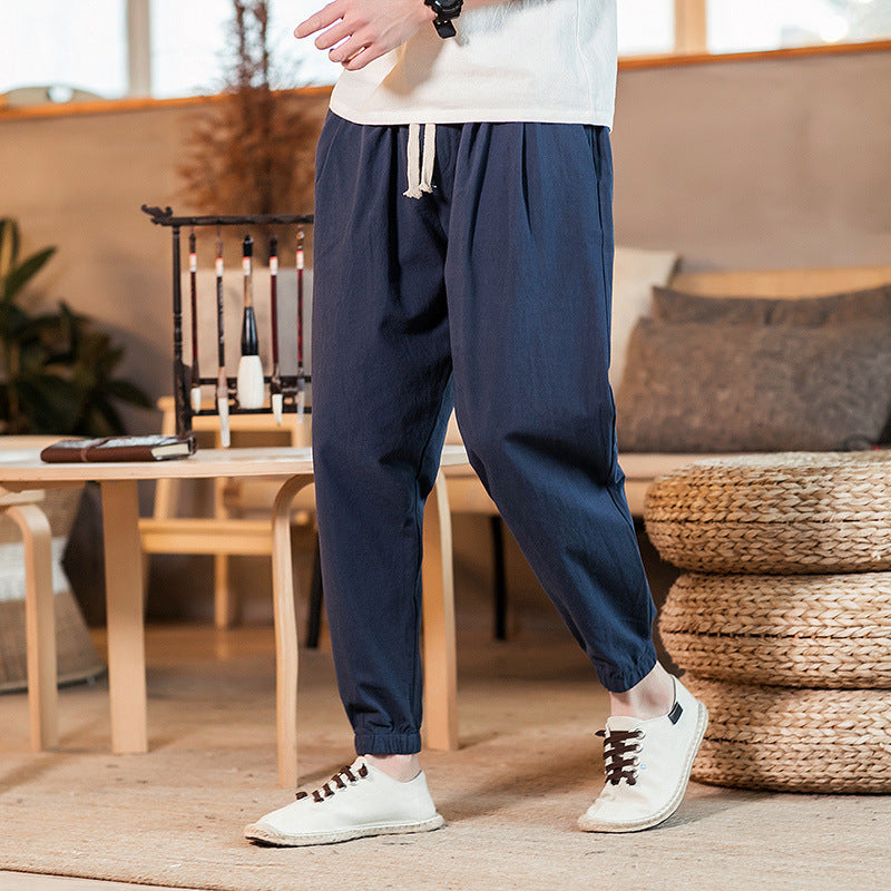 Herren nan leichte Baumwoll-Leinen Jogginghose mit Kordelzug elastischen Bündchen und Seitentaschen Drune