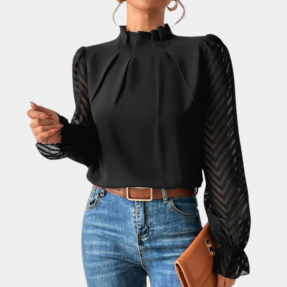 Damen Elegante Chiffonbluse mit Stehkragen, Faltenkante und transparenten Jacquard-Ärmeln Drune