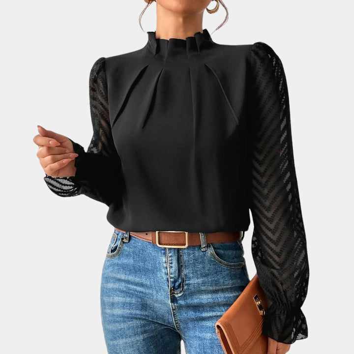 Damen Elegante Chiffonbluse mit Stehkragen, Faltenkante und transparenten Jacquard-Ärmeln Drune