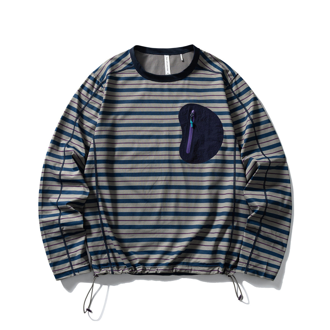 Unisex Langärmliges Gestreiftes Performance-Sweatshirt mit Brust-Reißverschlusstasche und Tunnelzug Drune