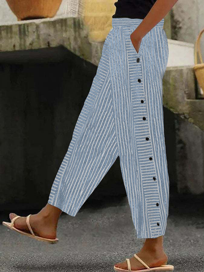 Damenweite Culotte-Hosen mit Paperbag-Taille, Knopfleiste und Seitentaschen Drune