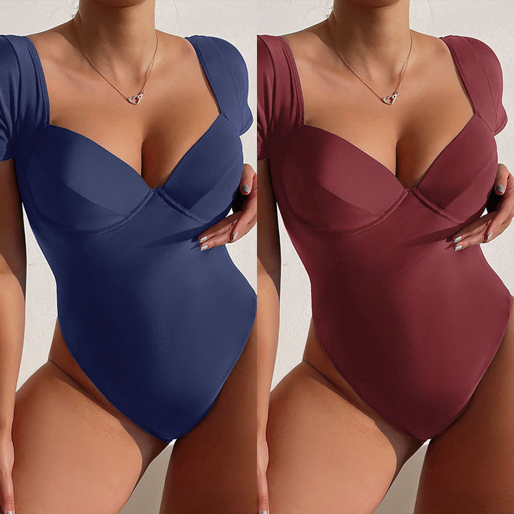 Damen Einteiler Badeanzug mit eleganten Kurzärmel und tiefem V-Ausschnitt Drune