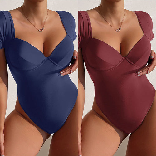 Damen Einteiler Badeanzug mit eleganten Kurzärmel und tiefem V-Ausschnitt Drune