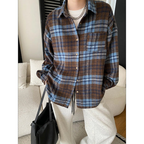 Damen Karo-Hemdjacke mit lässigem Schnitt und praktischen Taschen Drune