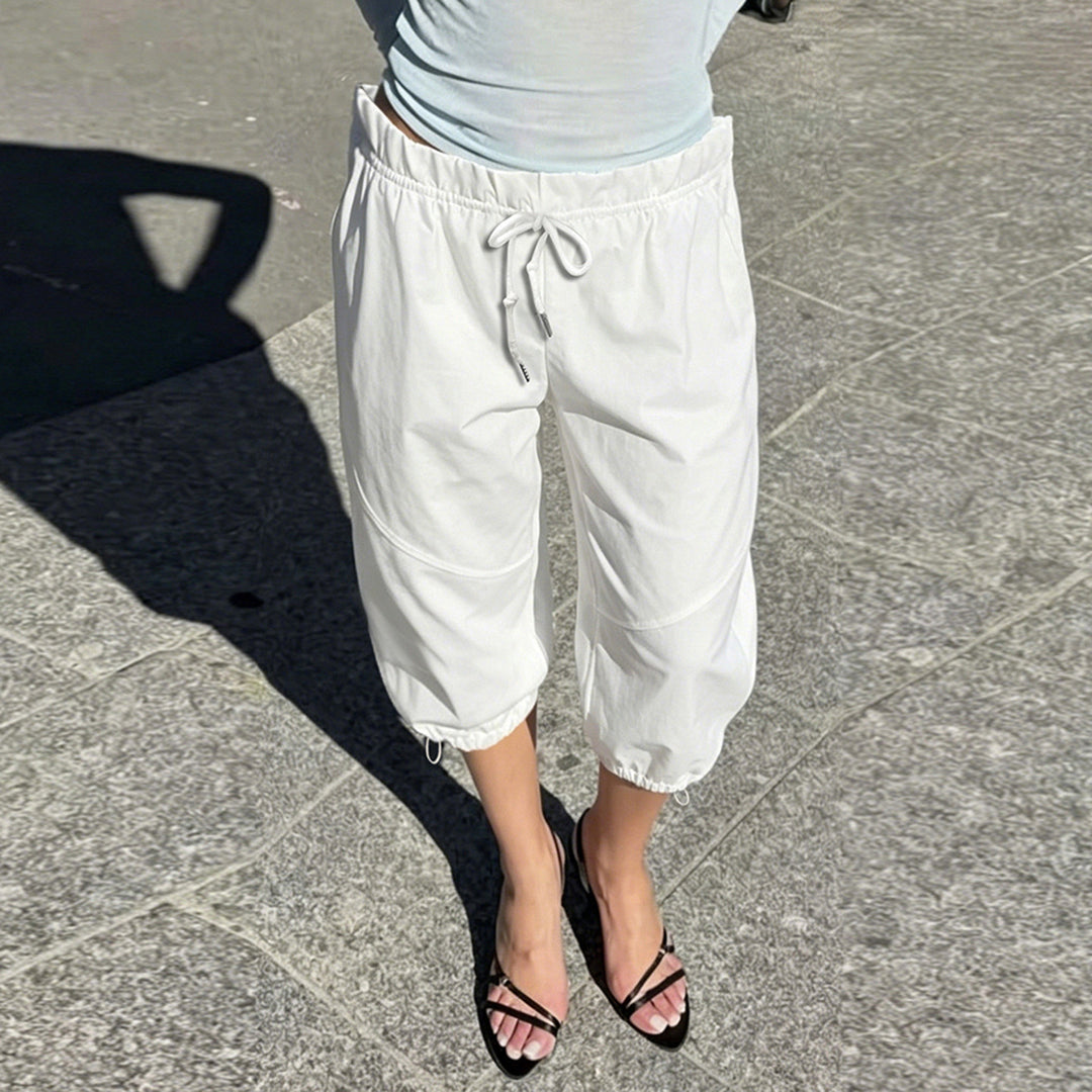 Damen Weite Paperbag-Hose mit Kordelzug, hohem elastischem Bund und Tunnelzugsaum Drune