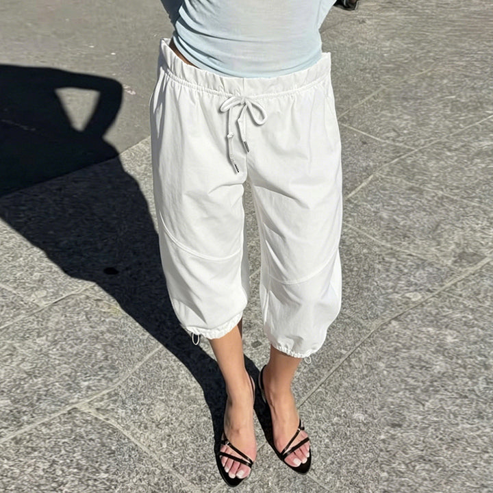 Damen Weite Paperbag-Hose mit Kordelzug, hohem elastischem Bund und Tunnelzugsaum Drune