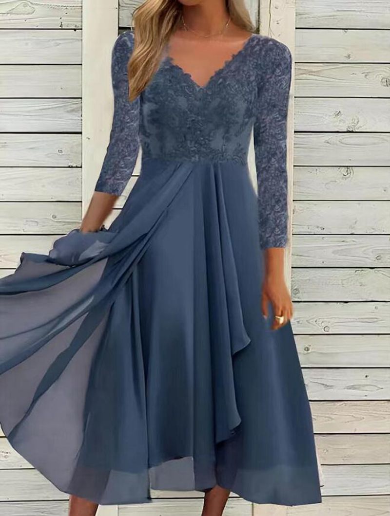 Damen nan festliches Midikleid mit floraler Spitzenbüste, V-Ausschnitt und mehrlagigem Chiffonrock Drune
