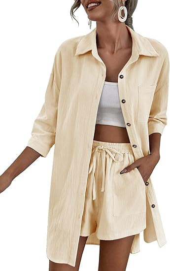 Damen Leichtes Longline-Hemdjacken-Set mit elastischer High-Waist-Shorts Drune