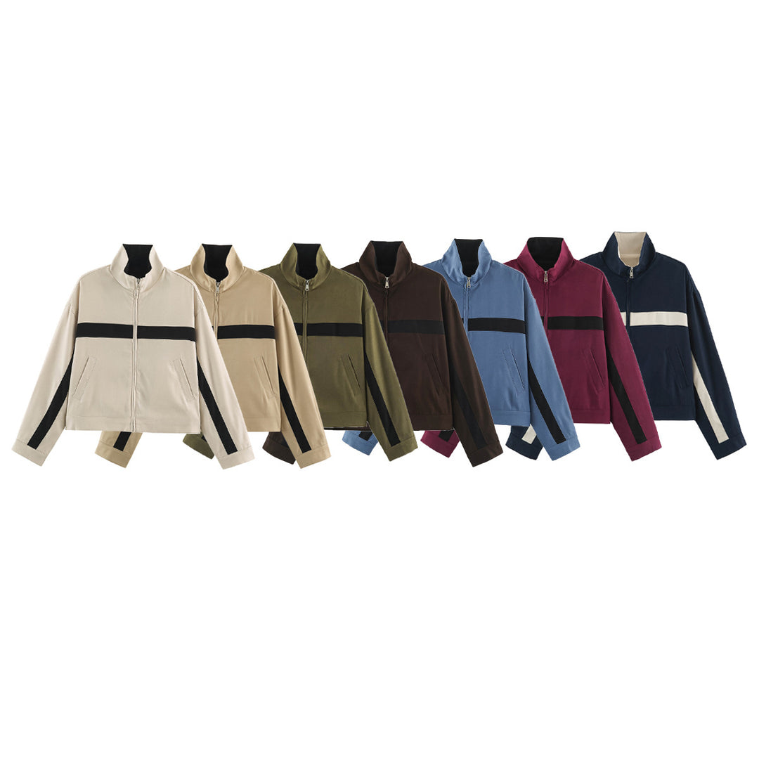 Unisex Kurz geschnittene Trackjacke mit Stehkragen, Kontraststreifen und Reißverschluss Drune