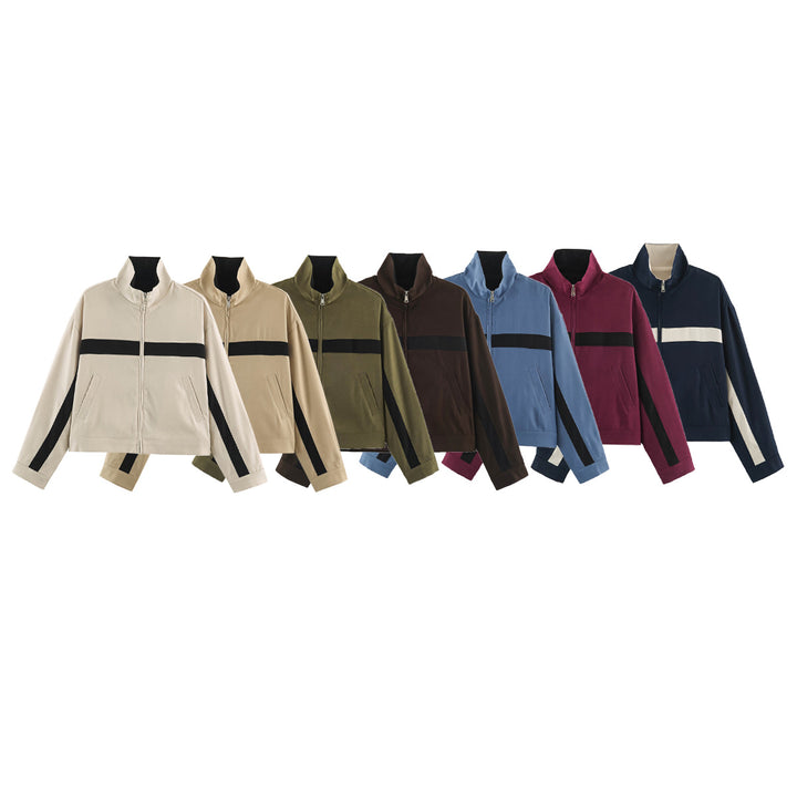 Unisex Kurz geschnittene Trackjacke mit Stehkragen, Kontraststreifen und Reißverschluss Drune