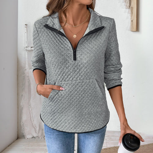 Damen Gepolsterter gesteppter Pullover mit Halbreißverschluss und Kängurutasche Drune