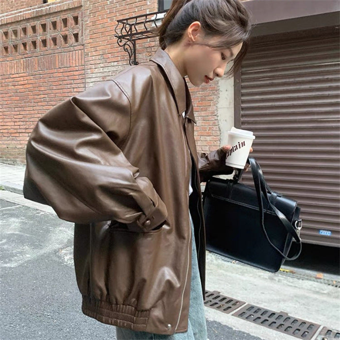 Damen Modische Lederjacke mit oversized Ärmeln und elastischem Saum Drune