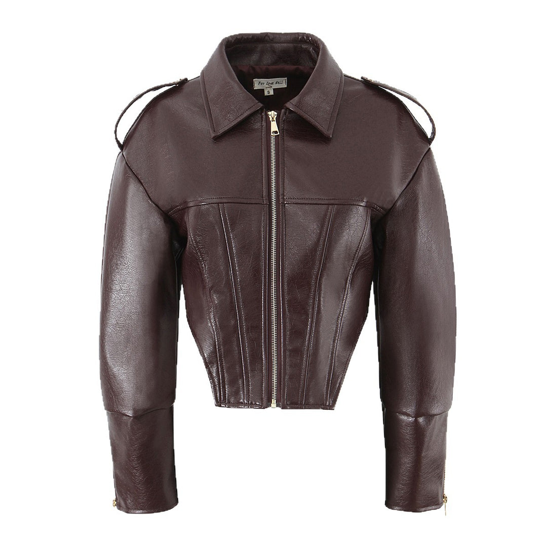 Damen Kurz geschnittene taillierte Bikerjacke aus Lederimitat mit Korselett-Nähten und Schulterklappen Drune