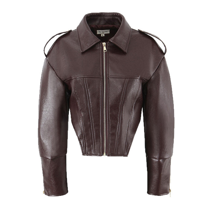 Damen Kurz geschnittene taillierte Bikerjacke aus Lederimitat mit Korselett-Nähten und Schulterklappen Drune