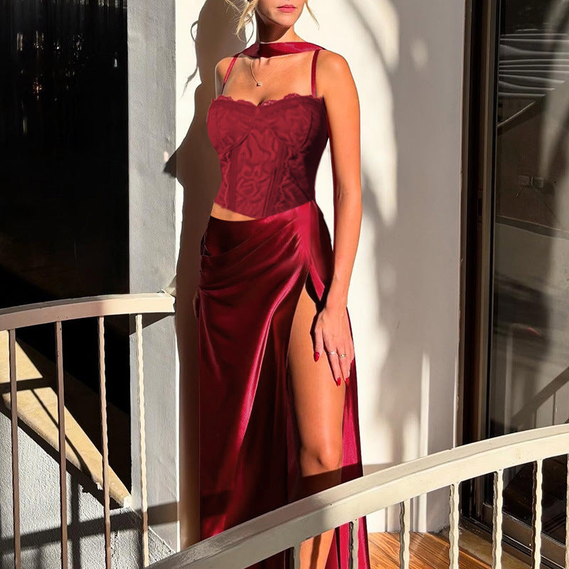 Damen elegantes Maxikleid mit Spitzenoberteil und fließendem Rock Drune