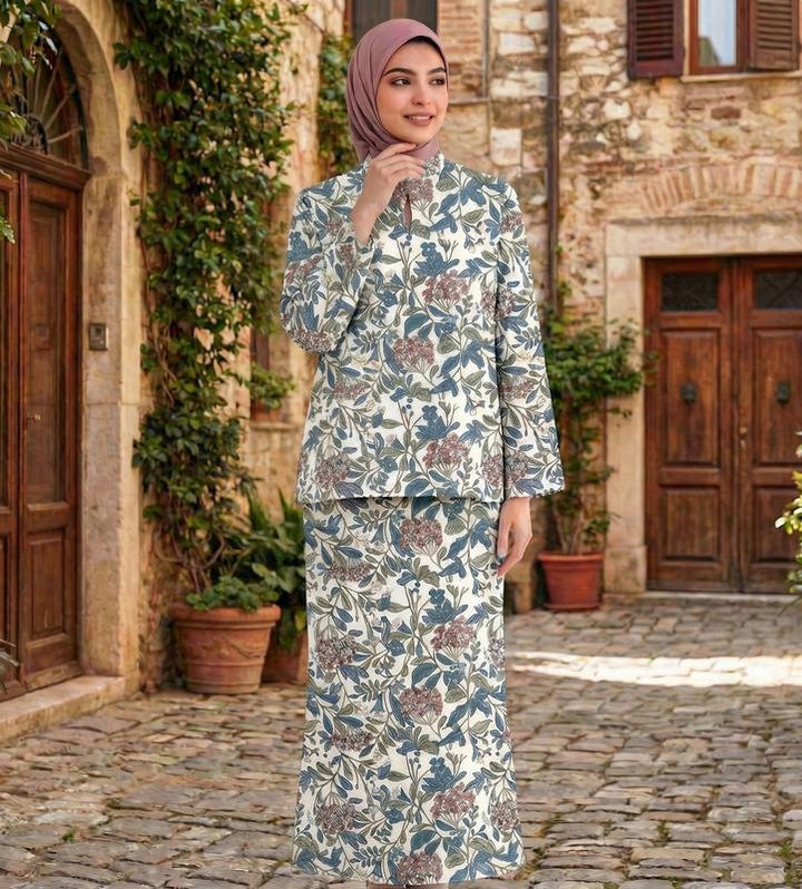 Damen Zweiteiliges Modest-Set aus Tunika mit Stehkragen und geradem Maxirock mit Blumenprint Drune