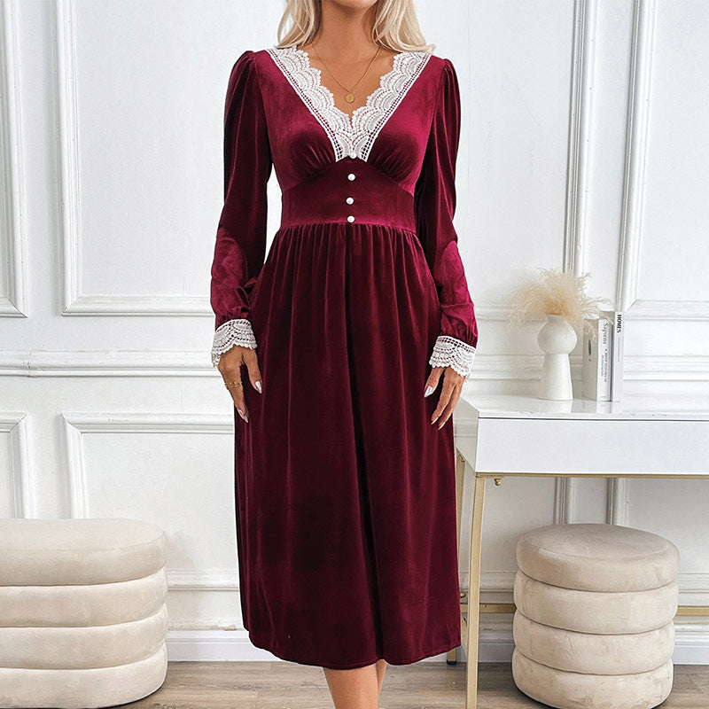Damen Elegantes Samtkleid mit Spitzenakzenten und Knopfdetails Drune