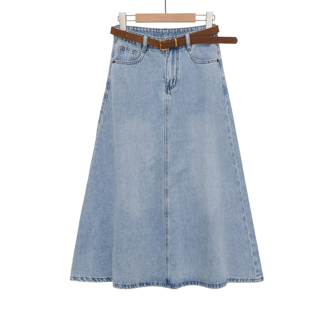 Damen Jeans-Midirock im A-Linien-Schnitt mit hohem Bund und Taillengürtel Drune