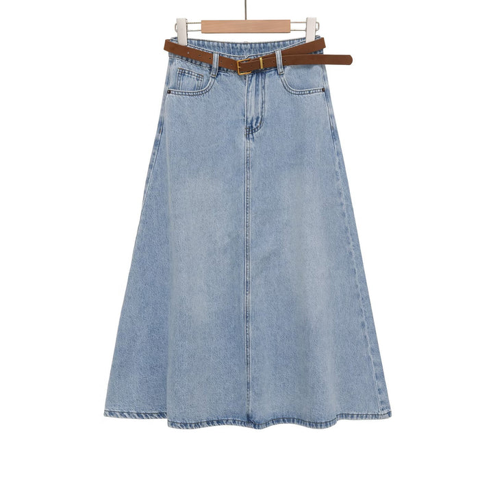 Damen Jeans-Midirock im A-Linien-Schnitt mit hohem Bund und Taillengürtel Drune