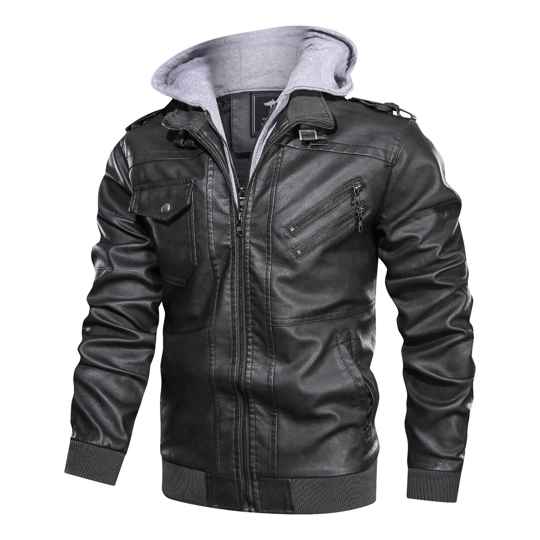 Herren Lederoptik-Utility-Jacke mit Kapuze, Reißverschlusstaschen und Rippbündchen Drune