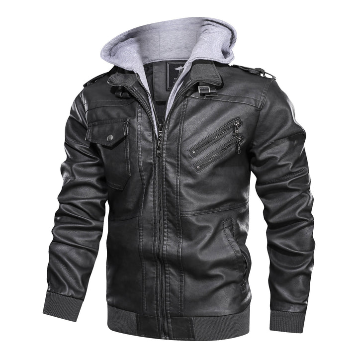 Herren Lederoptik-Utility-Jacke mit Kapuze, Reißverschlusstaschen und Rippbündchen Drune