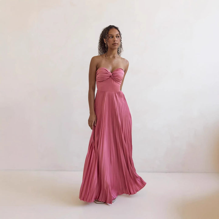 Damen Langärmliges Plisseekleid mit elegantem Oberteil und fließendem Rock Drune
