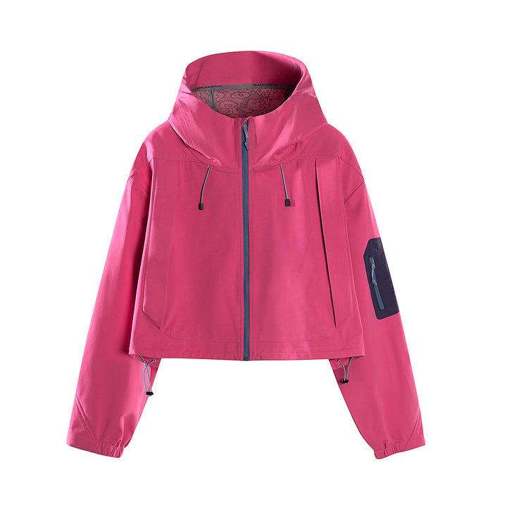 Damen Kurze wasserdichte Kapuzenjacke mit verstellbarem Saum und Ärmeltasche Drune
